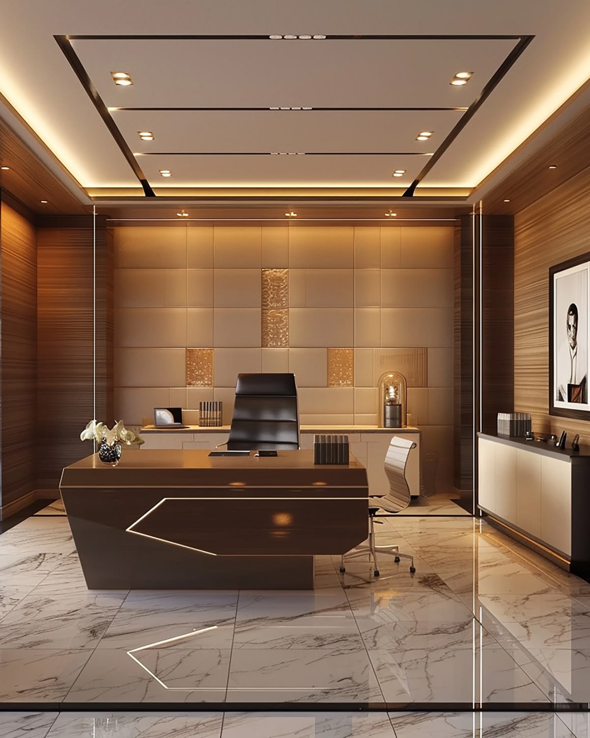 Executive CEO Presidential Office featuring Fluted Wood Acoustic Backdrop with Logo Niche #102